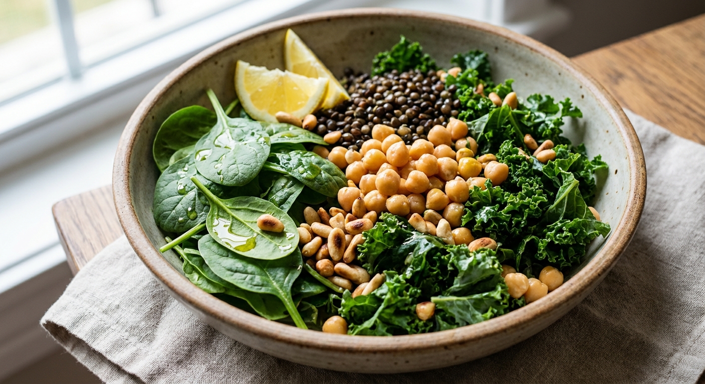 신선한 시금치와 케일, 콩류가 담긴 그릇