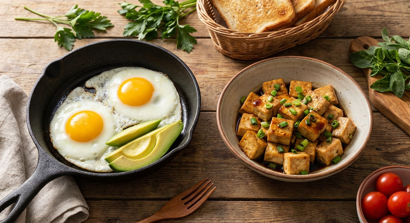 달걀 프라이와 두부 요리가 담긴 식탁