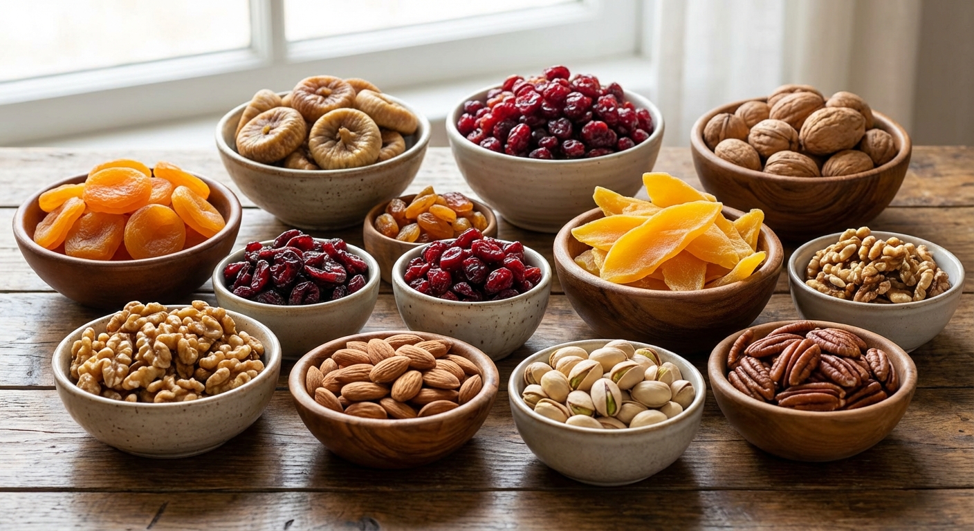 다양한 건과일과 견과류가 담긴 작은 그릇들