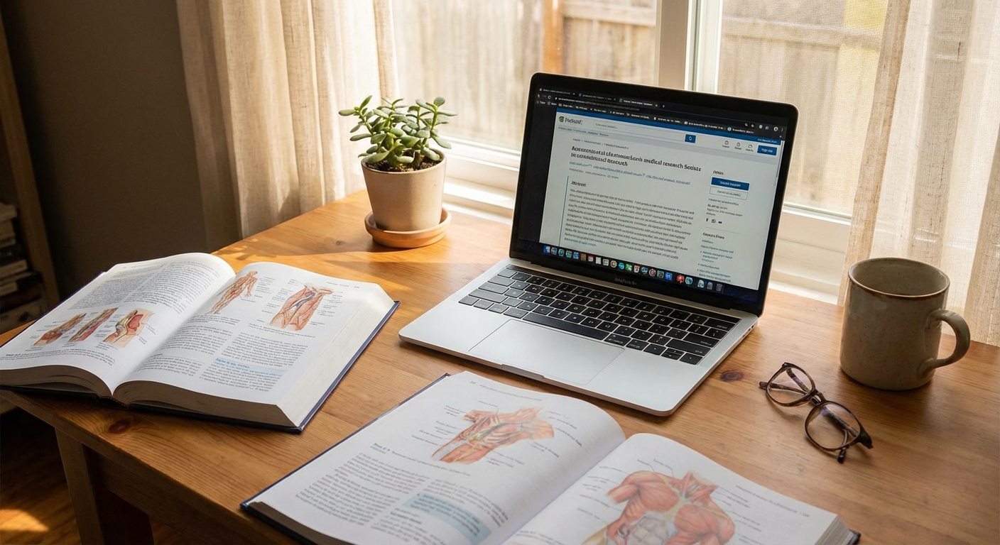 의학 교과서와 노트북이 놓인 책상