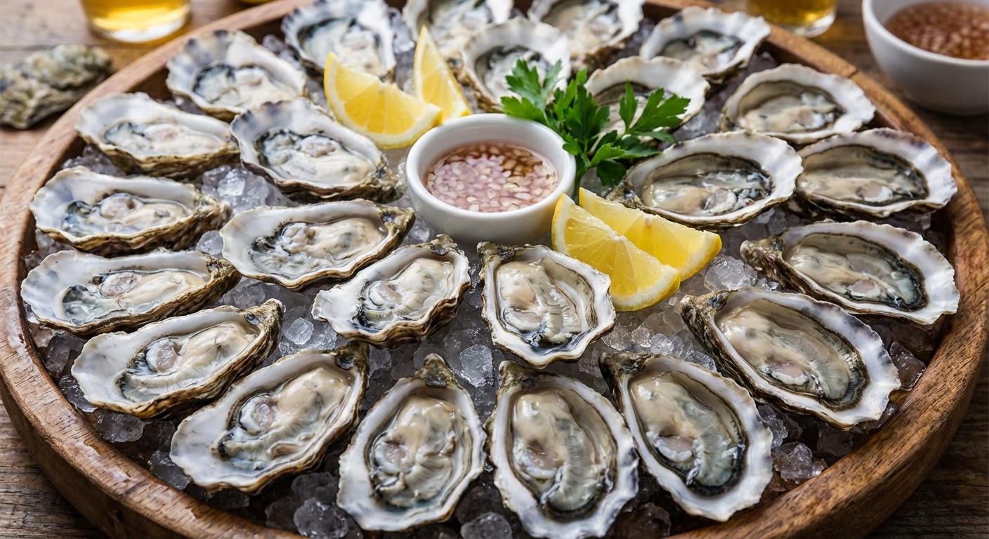 신선한 생굴이 얼음 위에 담긴 모습