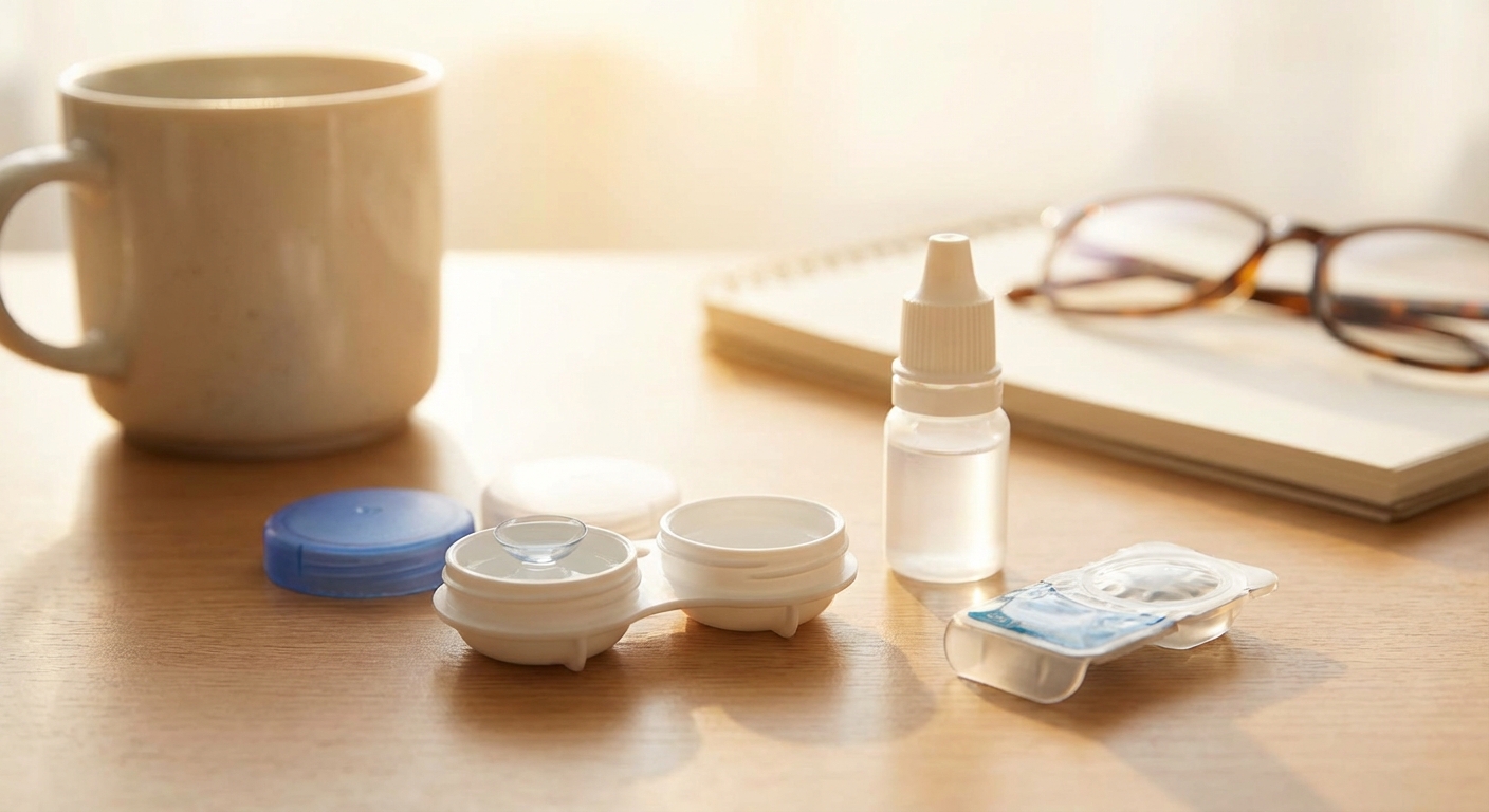 렌즈와 인공눈물이 함께 놓인 책상 위 이미지