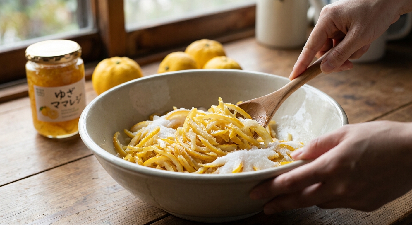 얇게 채 썬 유자와 설탕을 섞는 모습