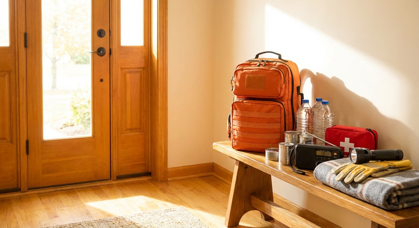 지진 대비 가방과 비상용품이 놓인 현관 풍경