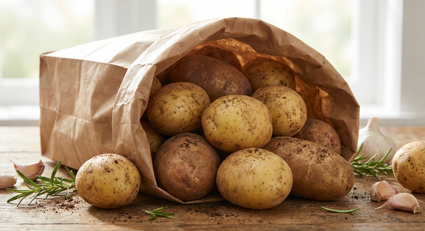 신선한 감자를 종이봉투에 보관하는 모습