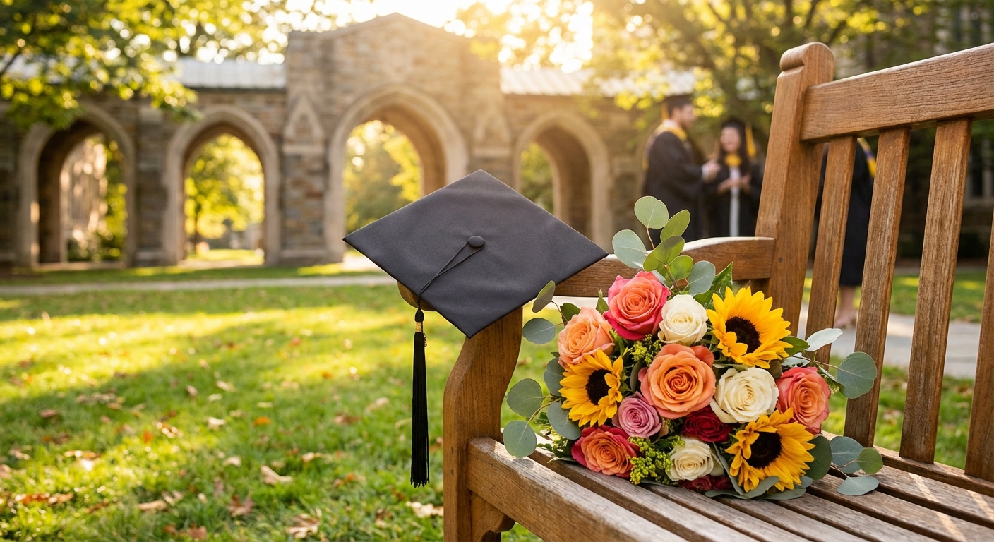졸업식 학사모와 꽃다발이 있는 풍경