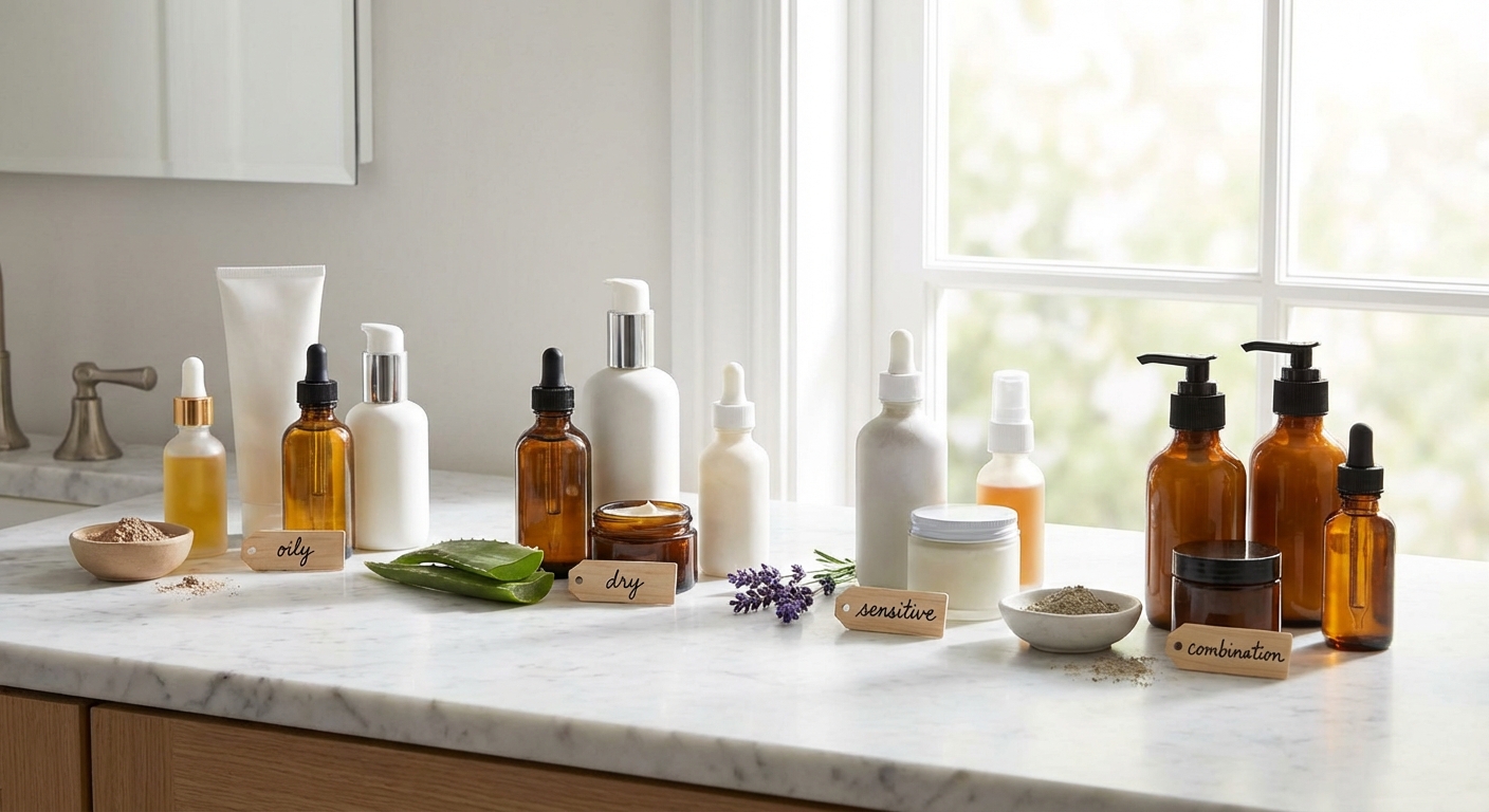 다양한 피부 타입별 스킨케어 제품 배치 사진