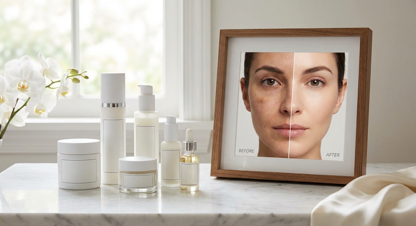 화이트닝 스킨케어 제품 세트와 적용 전후 비교 사진