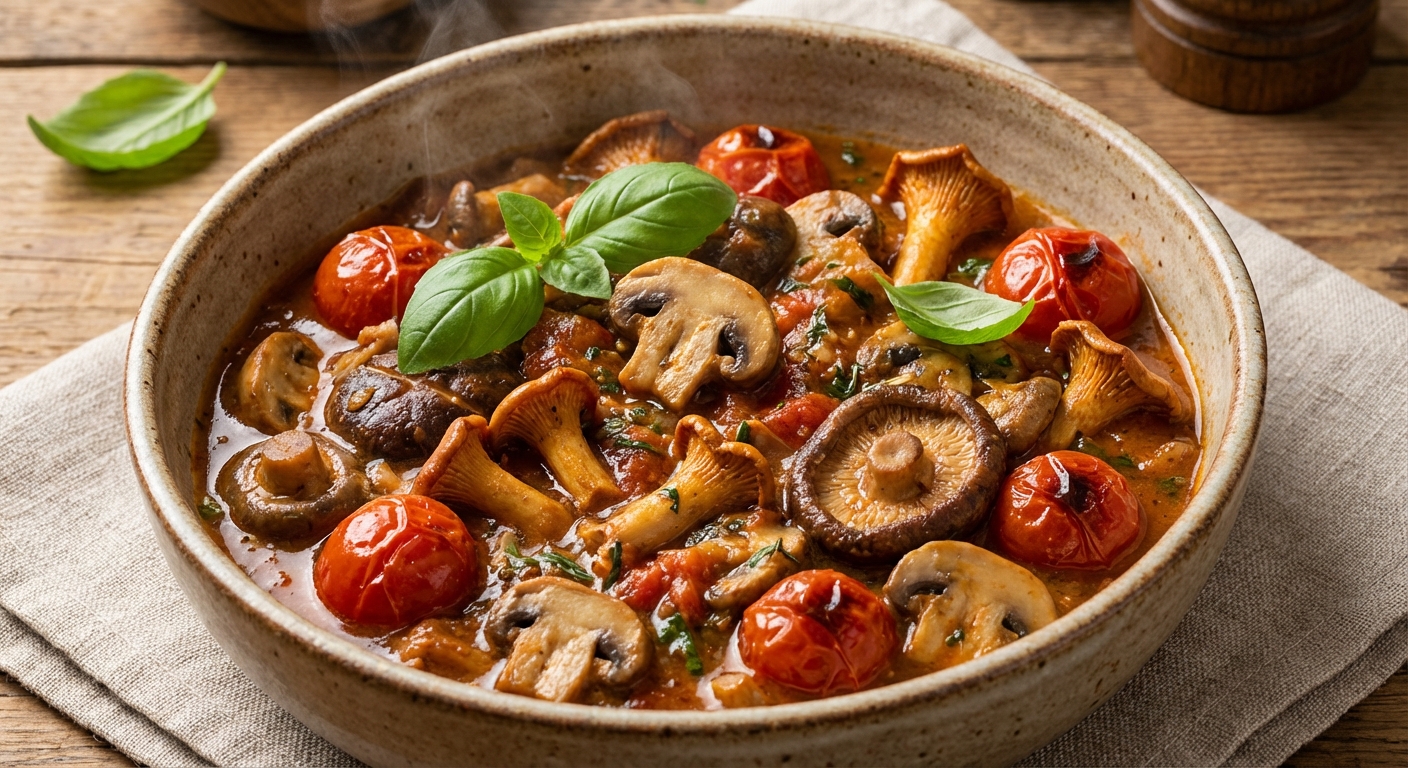 다양한 버섯과 토마토가 담긴 요리