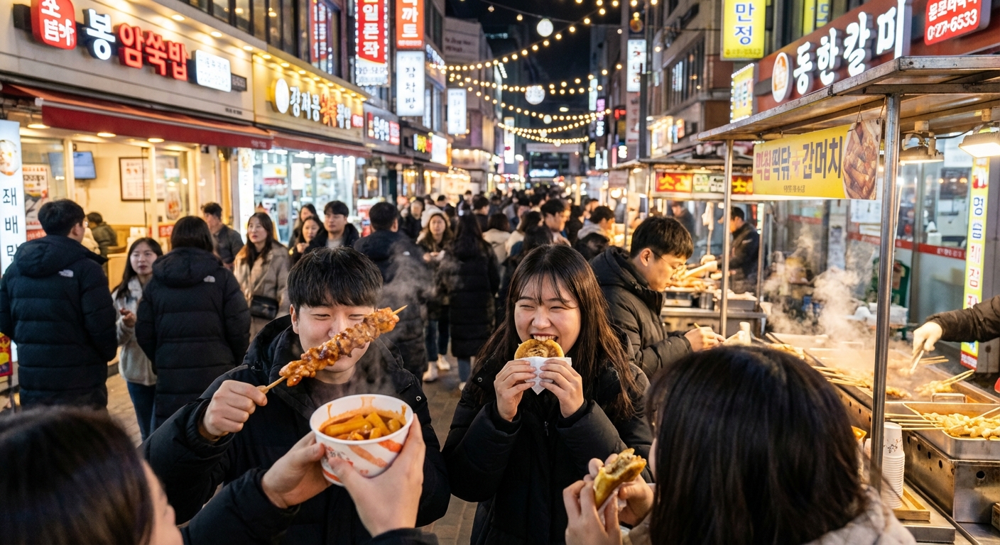 명동 야경과 길거리 음식을 먹는 사람들