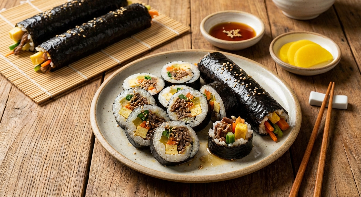 집에서 만든 다양한 종류의 김밥