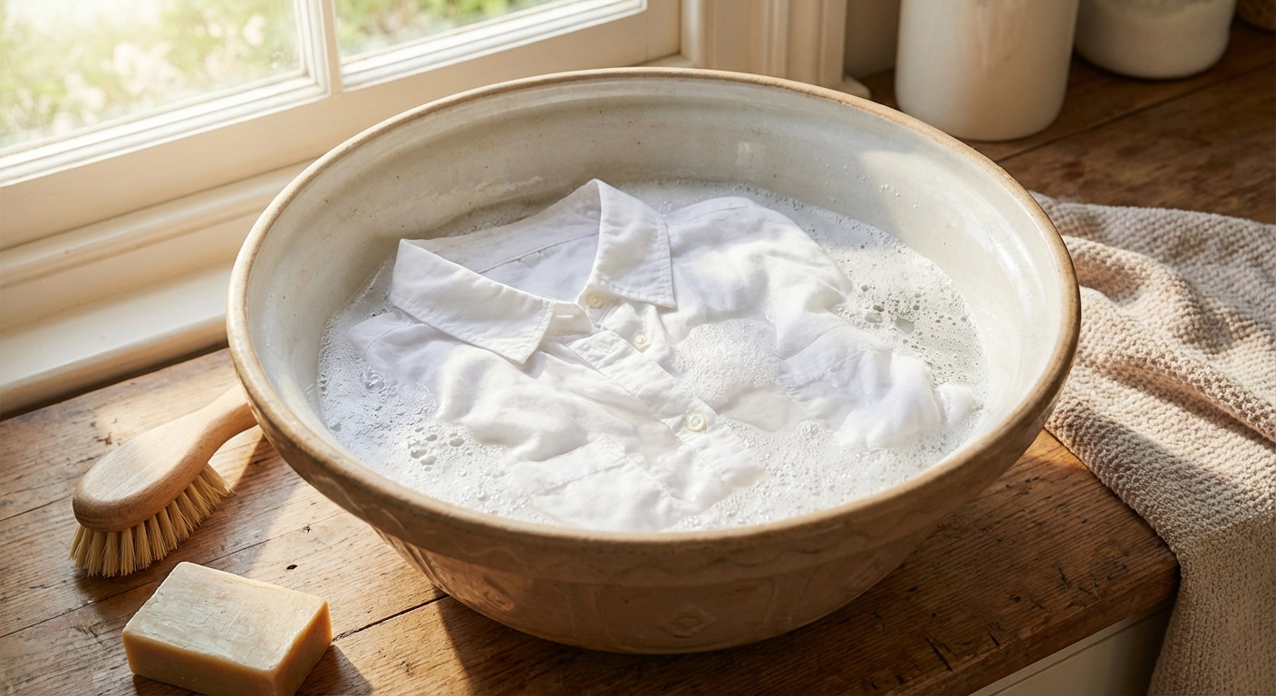 세숫대야에 과탄산소다 물에 담긴 셔츠