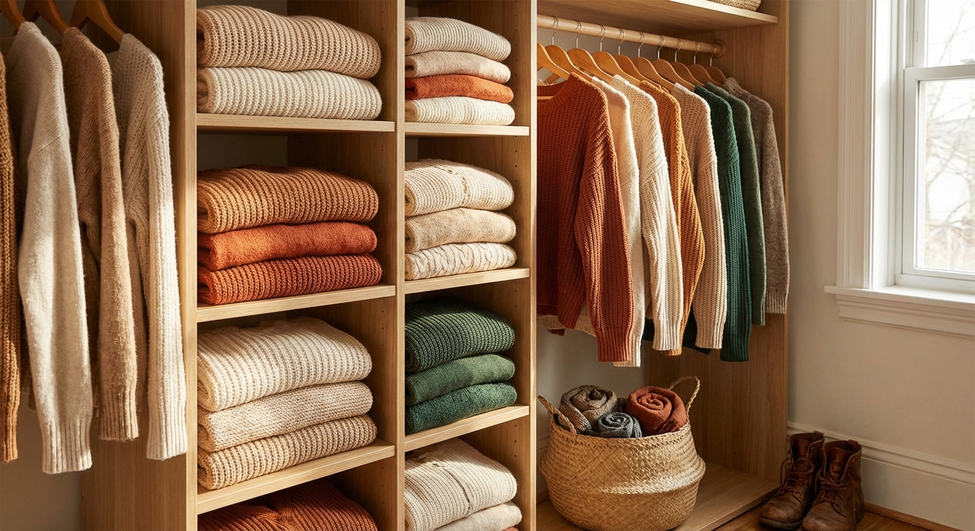 옷장에 정리된 니트 스웨터들
