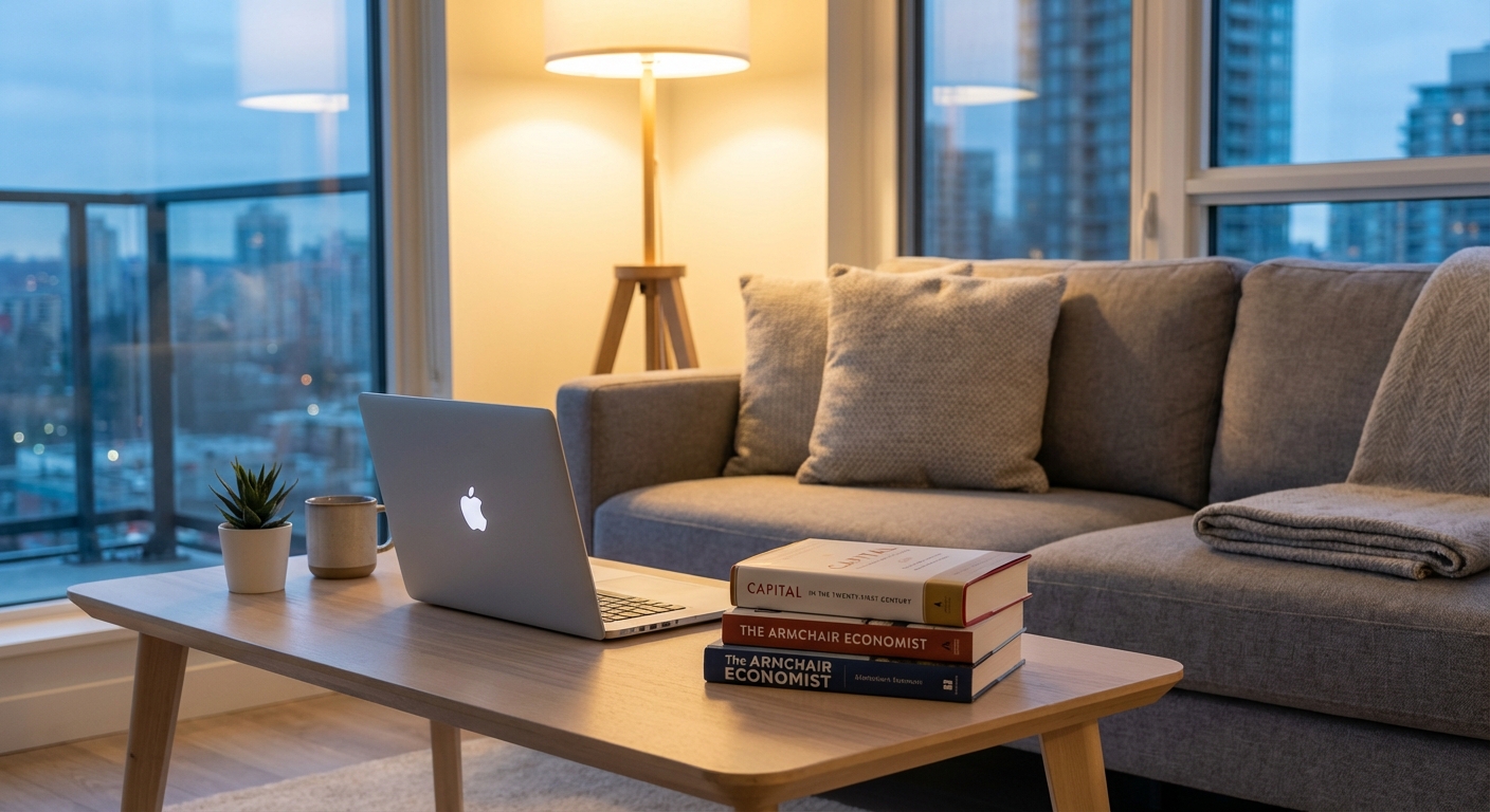노트북과 경제 서적이 놓인 저녁 거실 풍경