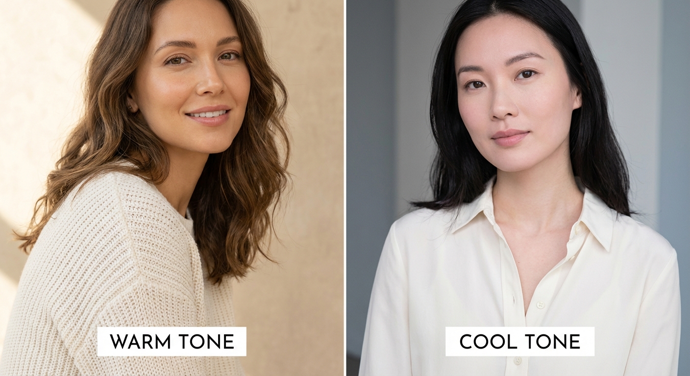 웜톤 피부에 아이보리 상의를 입은 모습과 쿨톤 피부에 오프화이트 상의를 입은 비교 컷