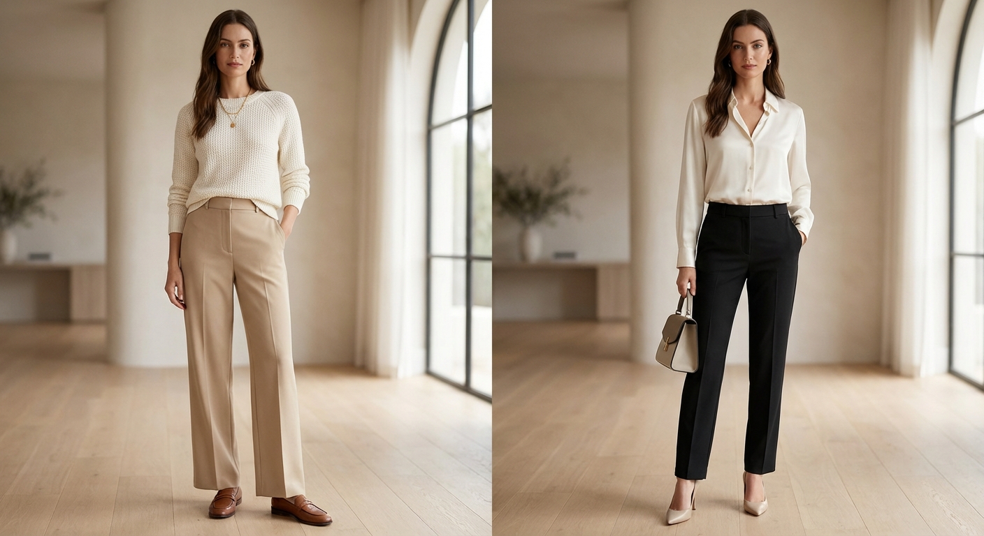 아이보리 니트와 베이지 팬츠 코디, 오프화이트 블라우스와 블랙 슬랙스 코디 전신샷