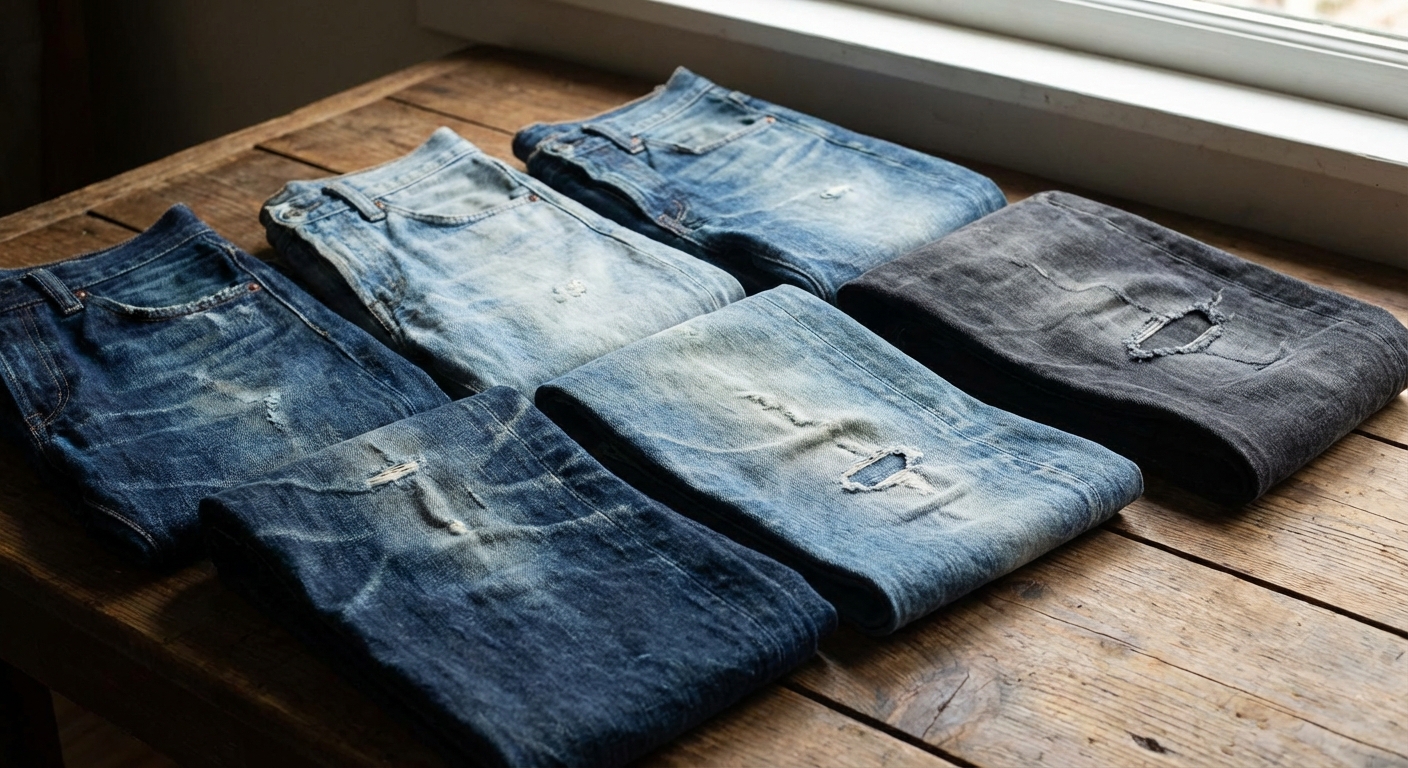 워싱 청바지의 다양한 페이딩 효과를 클로즈업한 디테일 컷