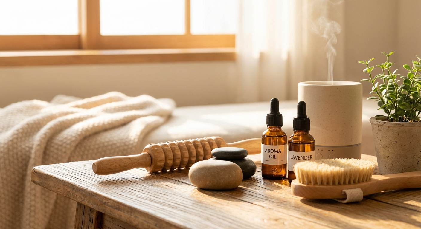 마사지 도구와 아로마 오일이 놓인 공간