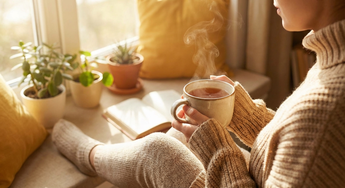 따뜻한 차를 마시는 편안한 일상 장면