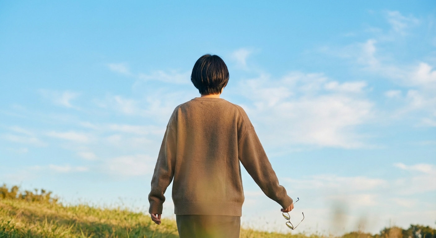 안경 없이 맑은 하늘을 바라보는 사람의 뒷모습