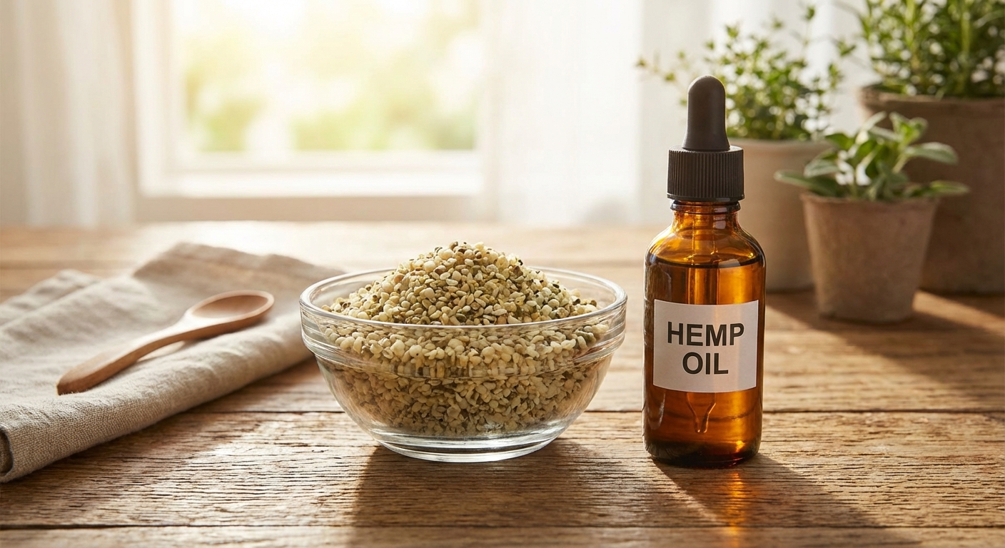 헴프씨드가 담긴 투명 유리 그릇과 헴프 오일 병