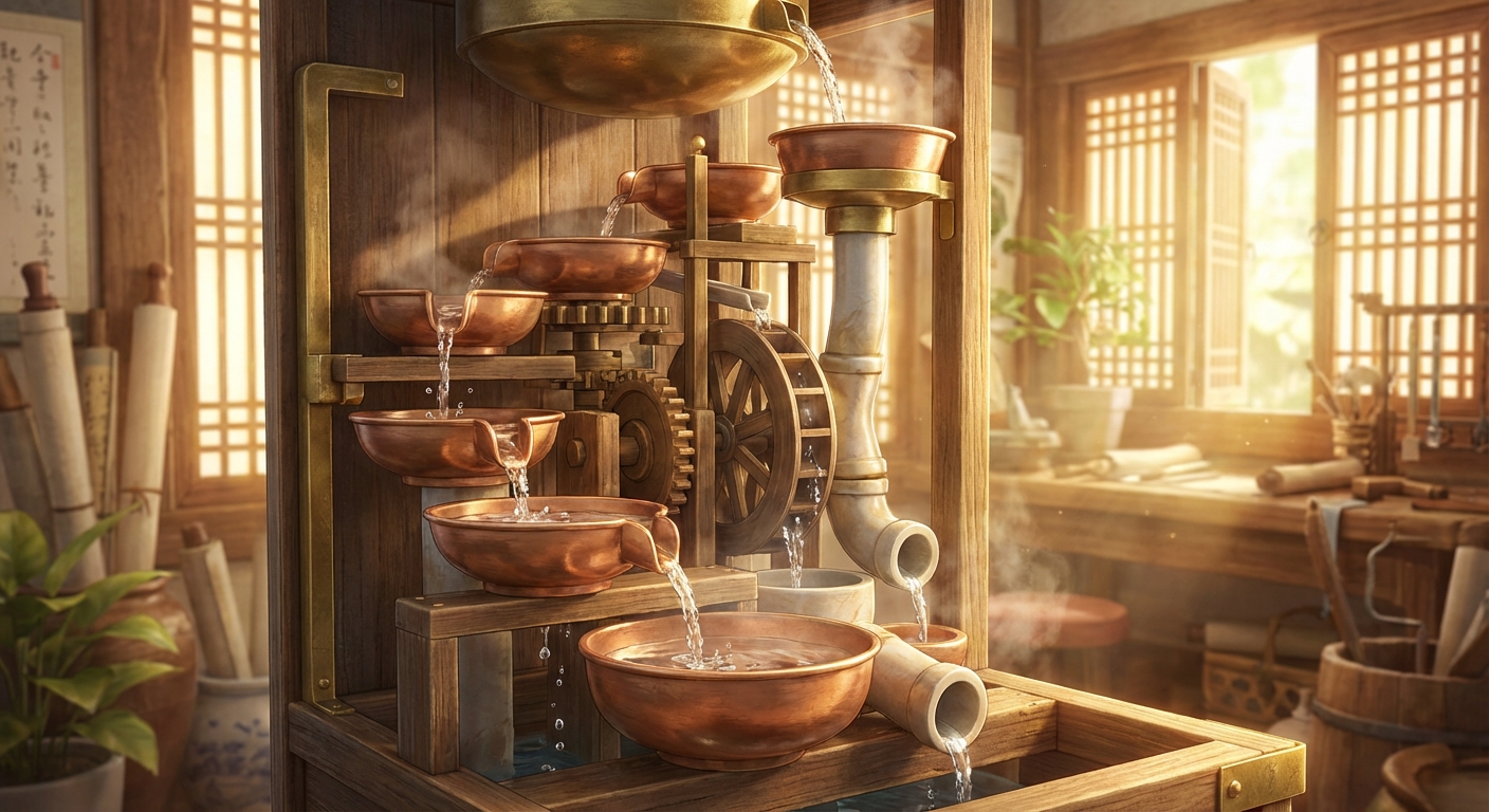 자격루 내부 구조도 또는 물의 흐름을 보여주는 이미지