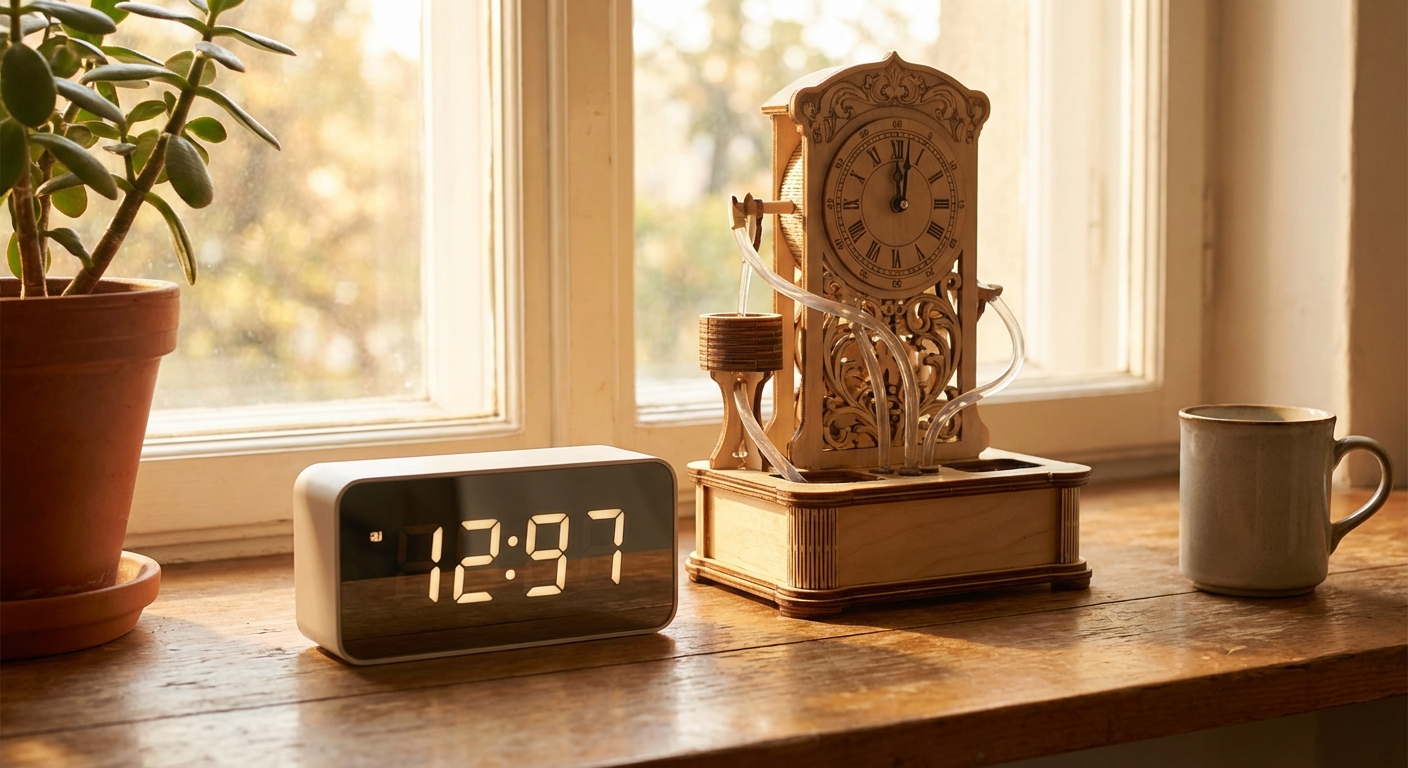 현대 시계와 자격루를 대비하는 이미지 또는 시간 관련 감성 사진