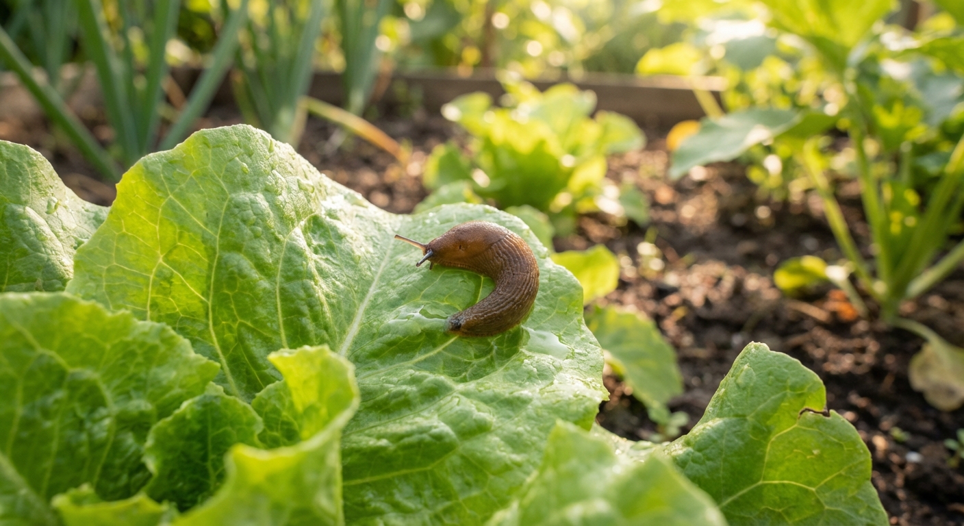 텃밭의 상추 잎 위 민달팽이