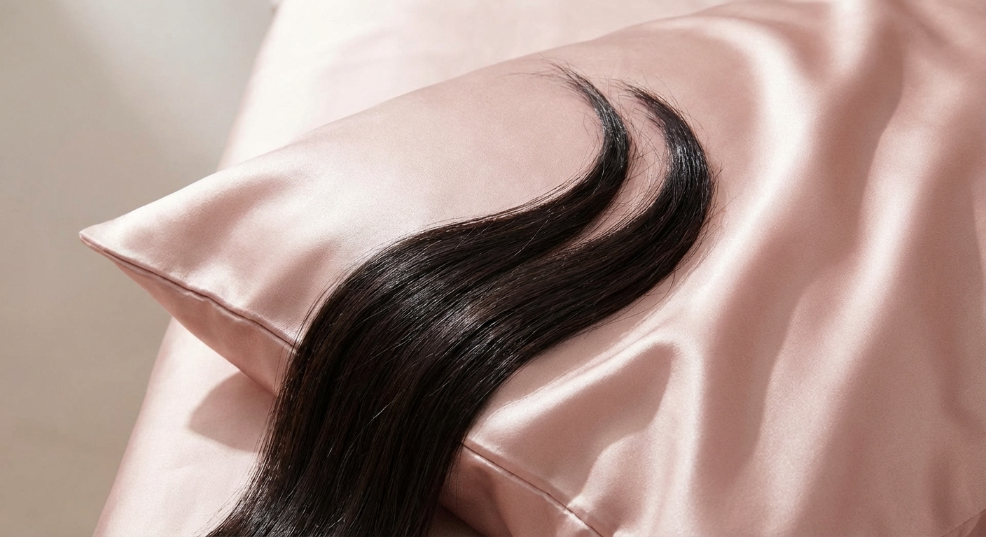 실크 베갯잇 위에 놓인 긴 머리카락