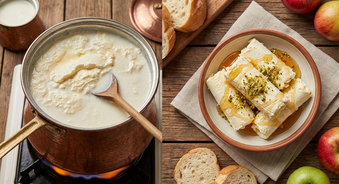 카이막 제조 과정과 완성된 카이막