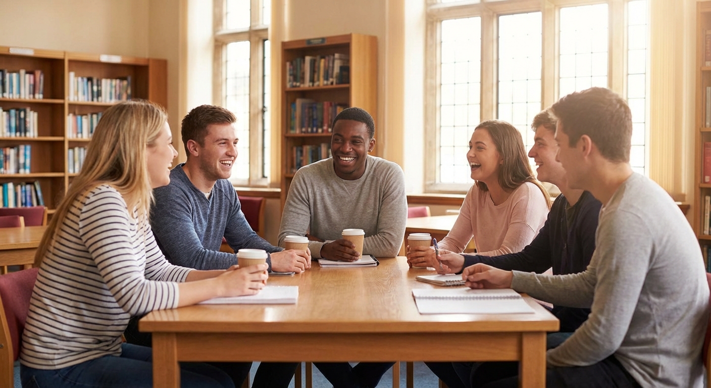 동아리 모임 장면, 함께 웃고 있는 대학생들