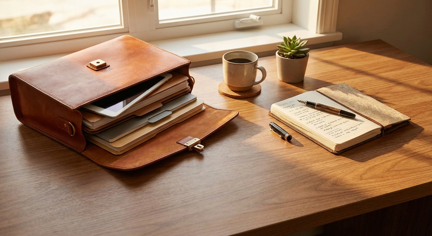 정돈된 서류가방과 노트, 펜이 놓인 책상