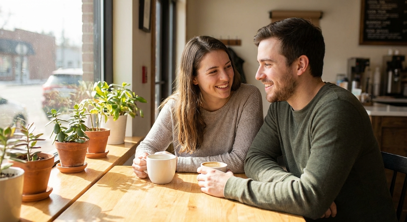 자연스럽게 미소 짓는 커플이 카페에서 대화하는 모습