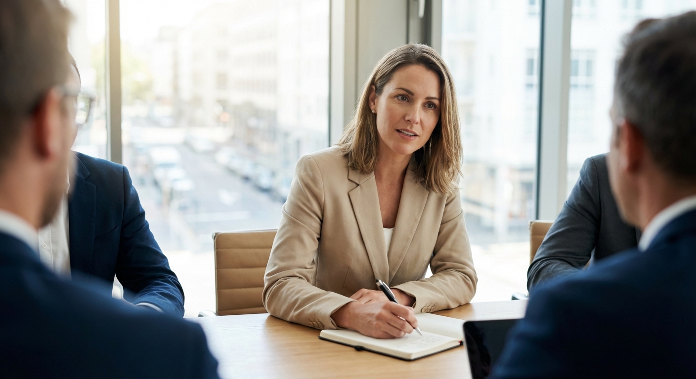 회의실에서 노트에 메모하며 경청하는 직장인