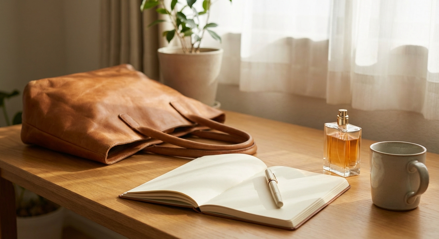 세련된 가죽 가방, 노트, 펜, 향수병이 놓인 책상