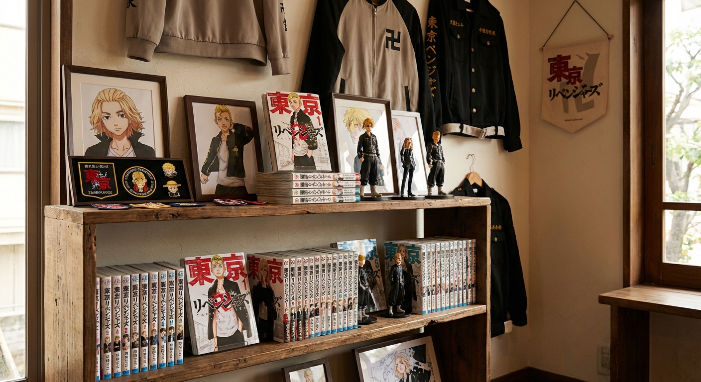 도쿄 리벤져스 원작 만화책 또는 관련 굿즈 진열 사진
