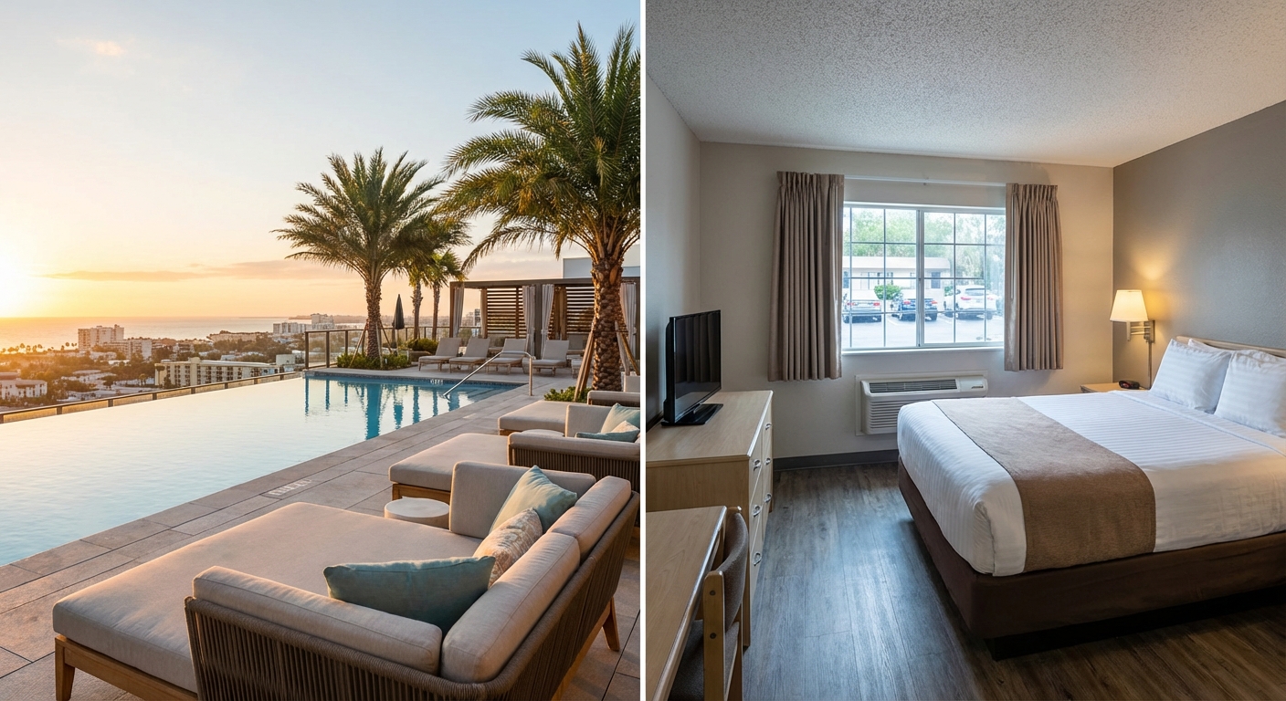 호텔 부대시설과 모텔 객실 내부 비교 사진 공간