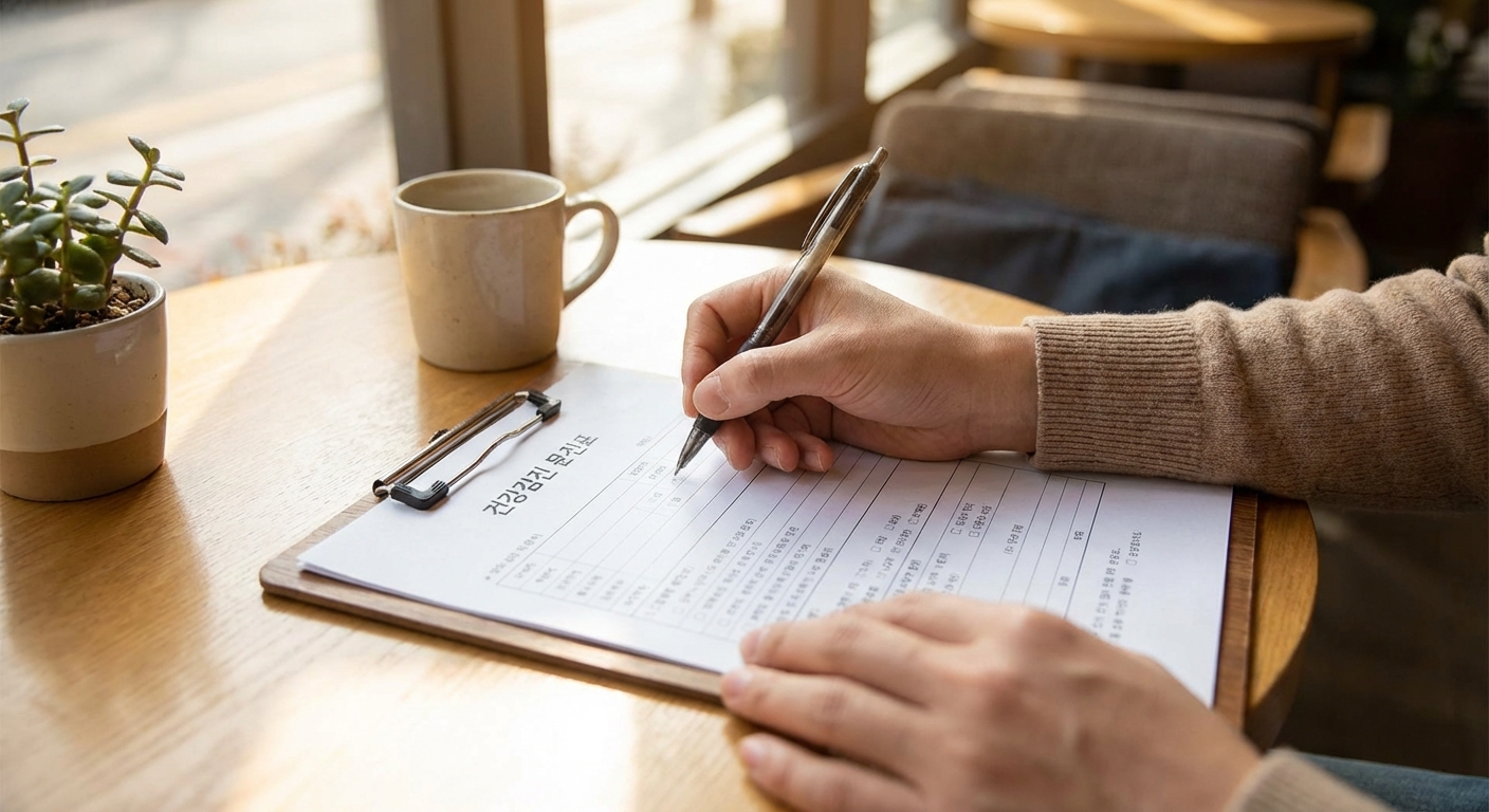 건강검진 문진표 작성하는 손