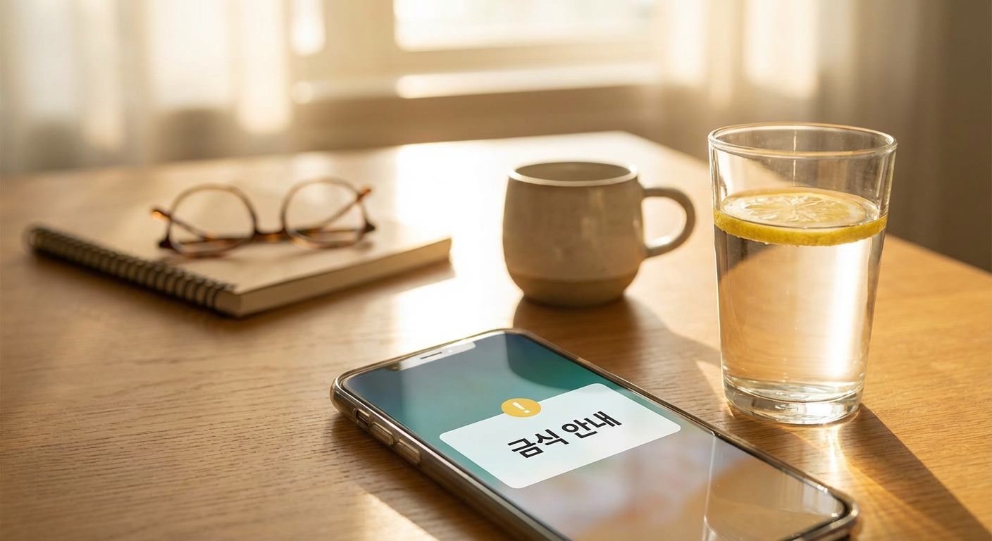 금식 안내 문자와 물컵