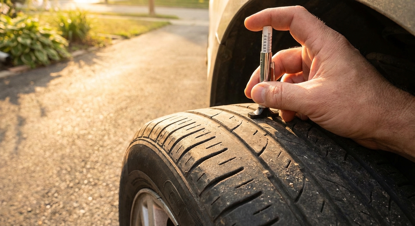 타이어 트레드 홈 측정 장면 또는 마모된 타이어 사진