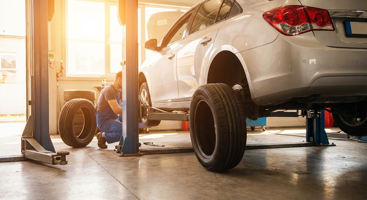 새 타이어로 교체된 차량 또는 타이어 교체 작업 장면