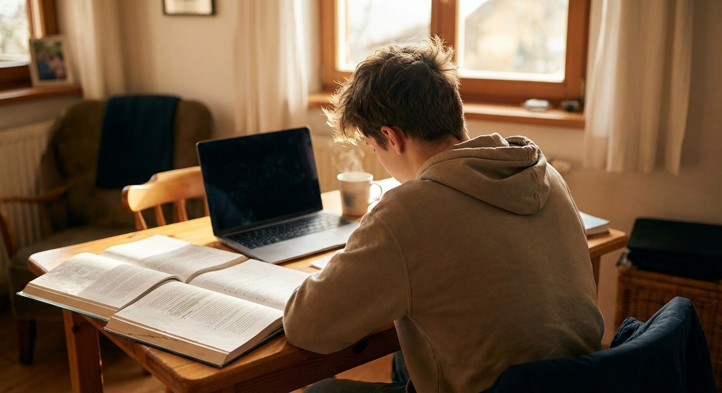 책상에서 공부하는 청소년의 뒷모습