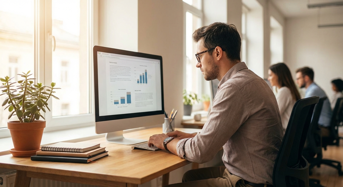 사무실에서 모니터를 응시하는 직장인