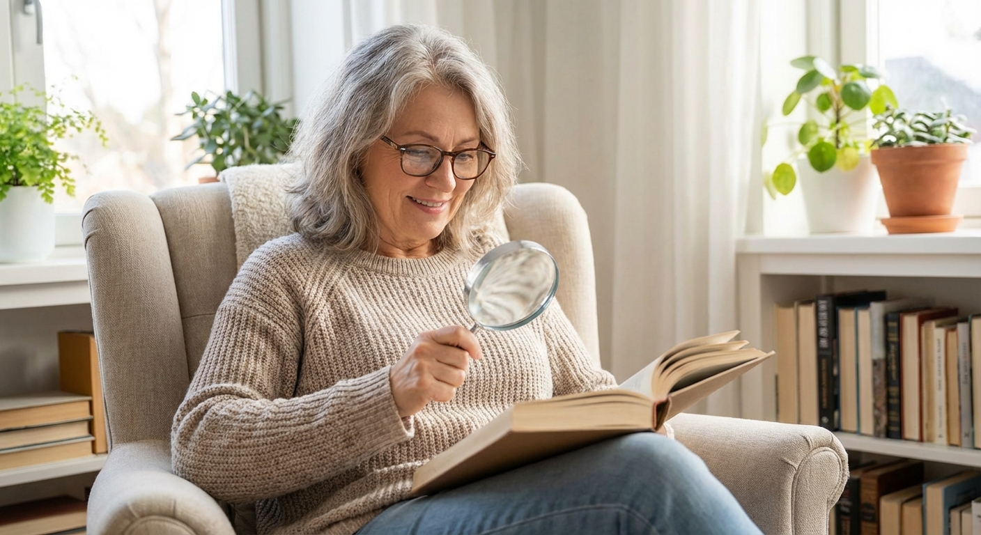 돋보기를 쓰고 책을 읽는 중년의 모습