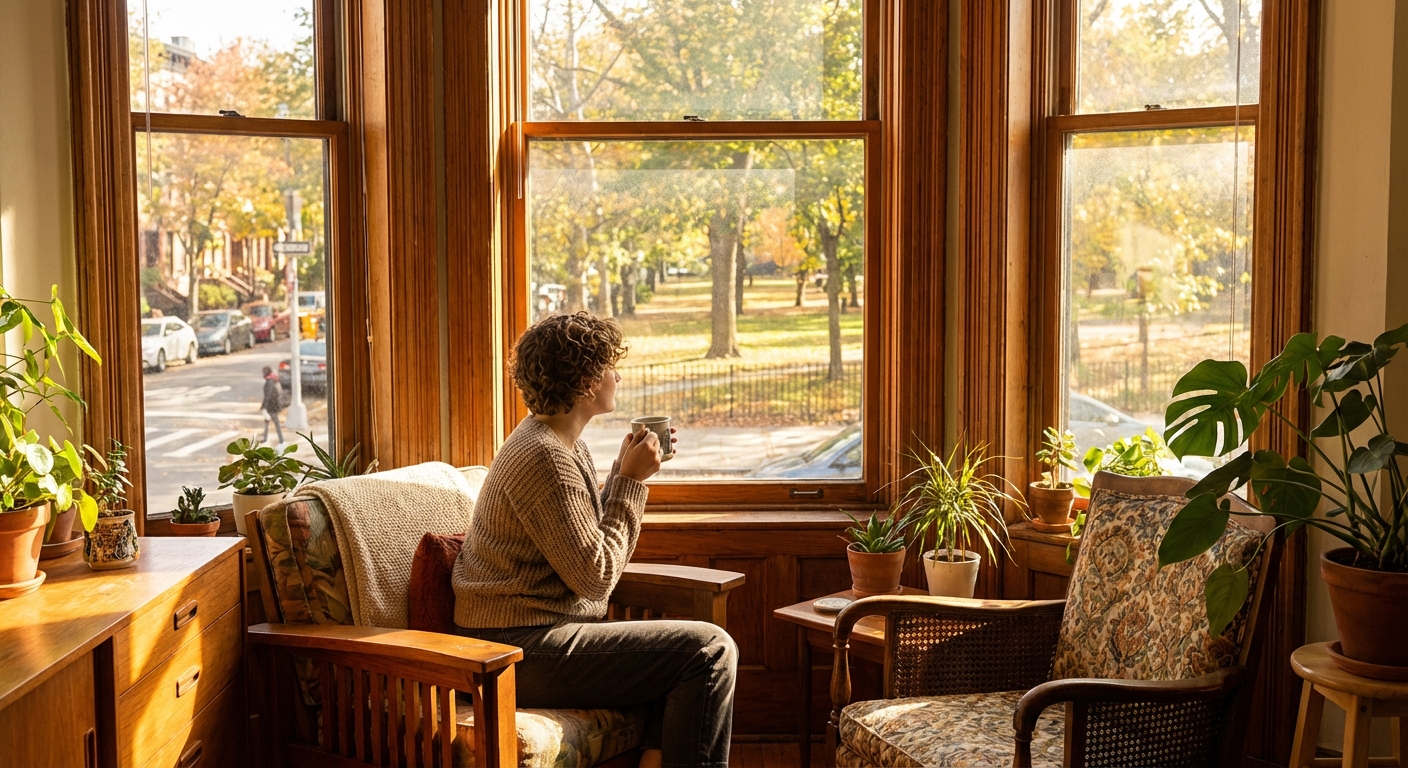창밖 풍경을 바라보는 사람