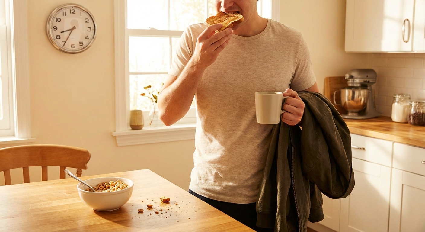 아침 식사를 급하게 하는 모습