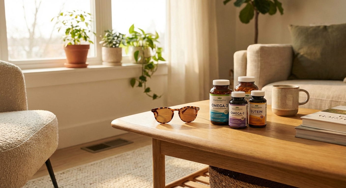 선글라스와 눈 건강 영양제가 놓인 생활 공간