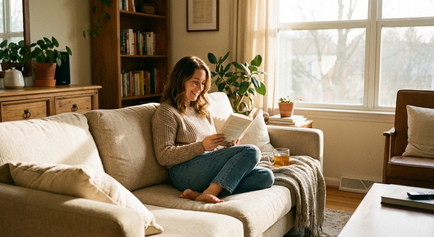 거실 소파에 앉아 책을 읽거나 휴식을 취하는 모습