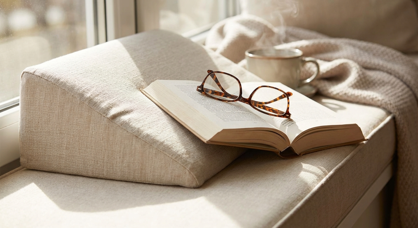 편안한 웨지 베개 위에 놓인 책과 안경