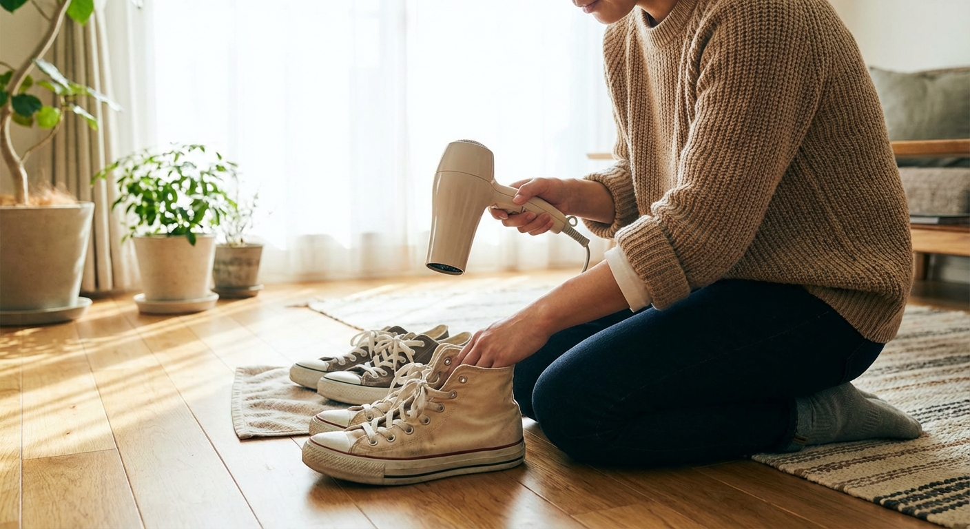 드라이어로 신발을 손질하는 장면